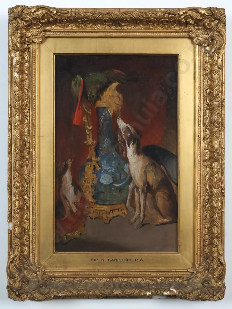 Sir Edwin Landseer (Attributed) Still Life - Interior Scene with Vase, Dog & Parrot. Oil on Canvas. Image 1++