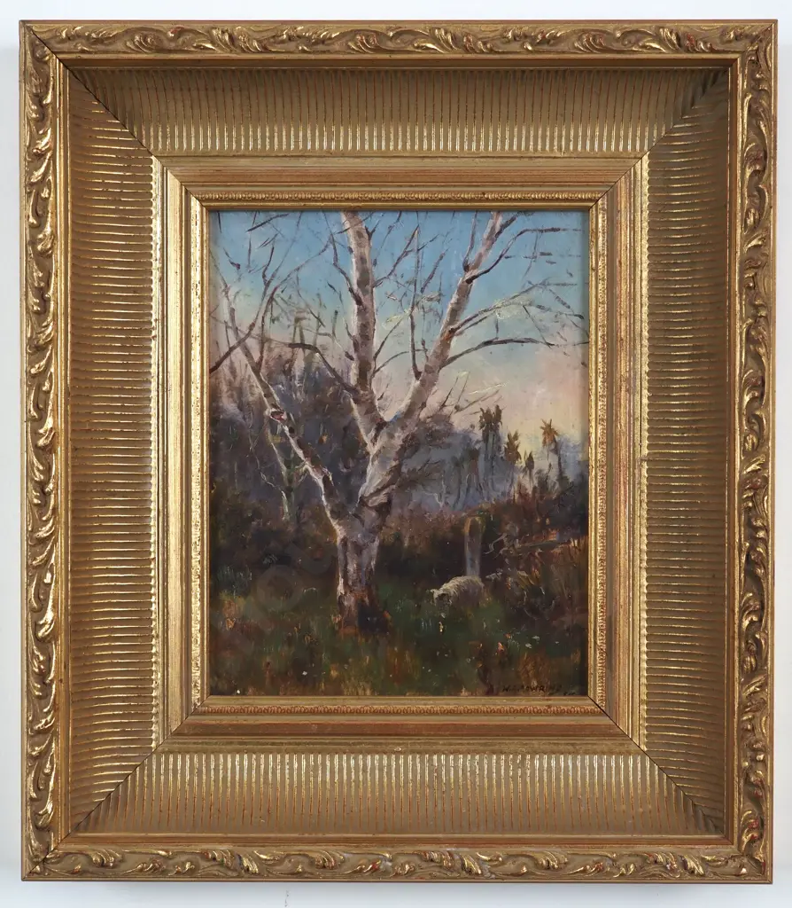 Walter Armiger Bowring. Silver Birch & Sheep. Oil on Board. Image 1++