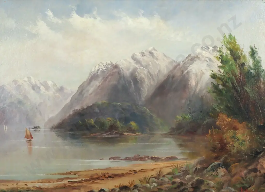J Rollason; Lake  Manapouri. Oil on Board. Signed. 520 x 720mm   Image 1++