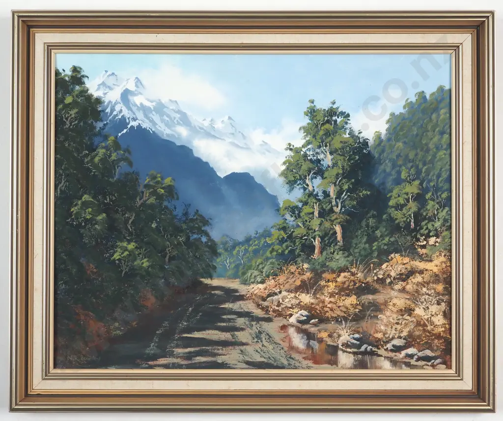 N.R. Bradley. Landscape - Road & Mountain Scene. Oil on Board. Image 1++