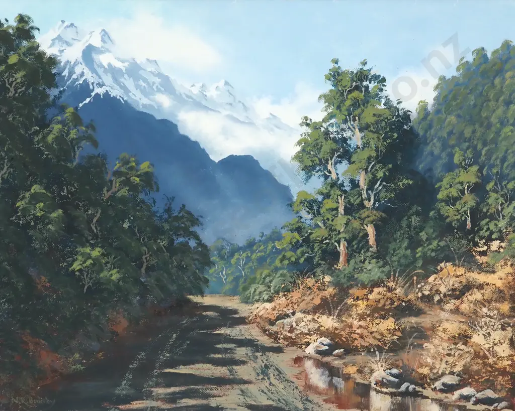 N.R. Bradley. Landscape - Road & Mountain Scene. Oil on Board. Image 1++