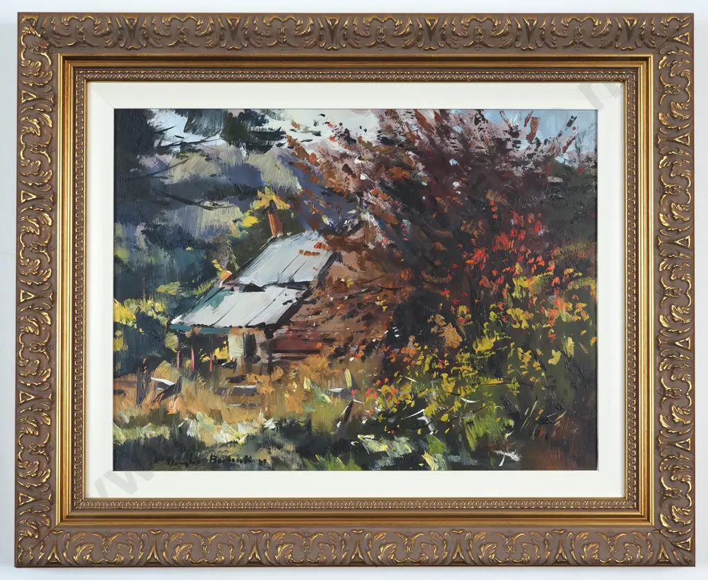 Douglas Badcock. 1984. Old Cottage Overgrown w Copper Beech Tree, Wakatipu. Image 1++