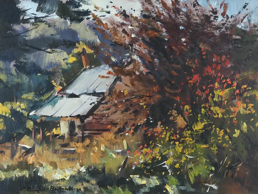 Douglas Badcock. 1984. Old Cottage Overgrown w Copper Beech Tree, Wakatipu. Image 1++