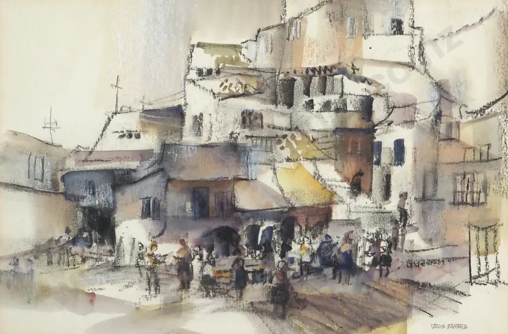 Julia Faithful. Market Day Yugoslavia. Watercolour/Charcoal. Image 1++