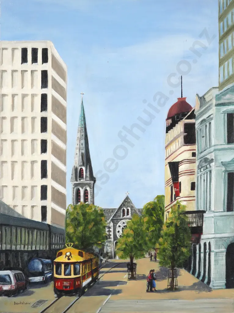 H Robertshaw. Cityscape - Tram in the Square, Christchurch, New Zealand. Oil on Canvas. Image 1++