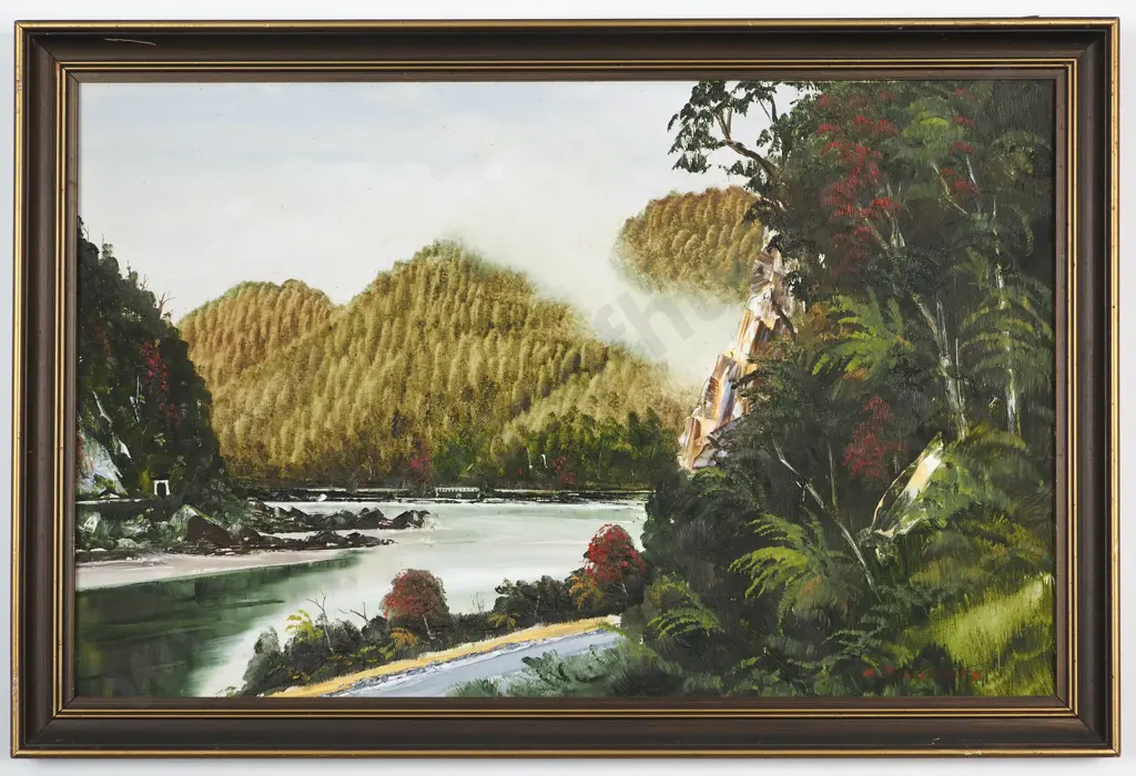 M Finnerty. New Zealand Landscape Scene. Oil on Board. Image 1++