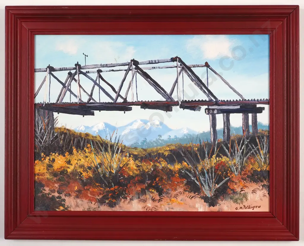 G.M Pettigrew. Old Ross Railway Bridge. Oil on Board. Image 1++