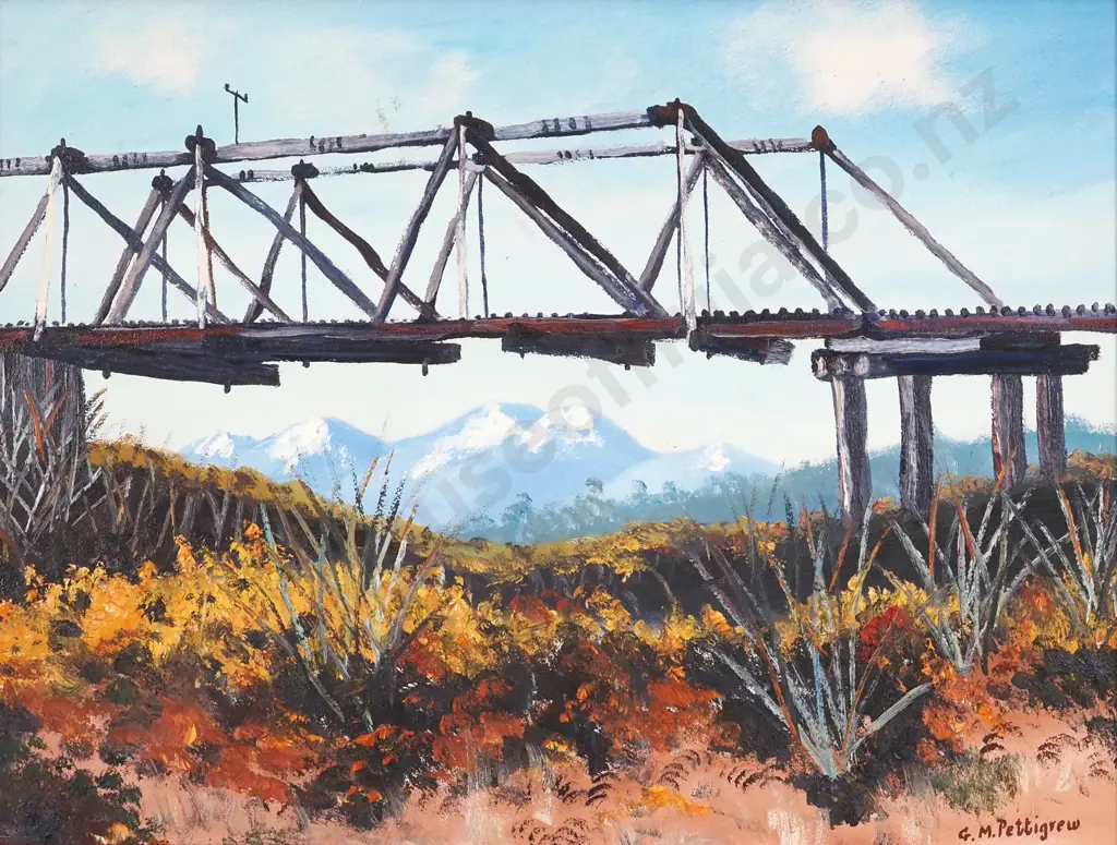 G.M Pettigrew. Old Ross Railway Bridge. Oil on Board. Image 1++