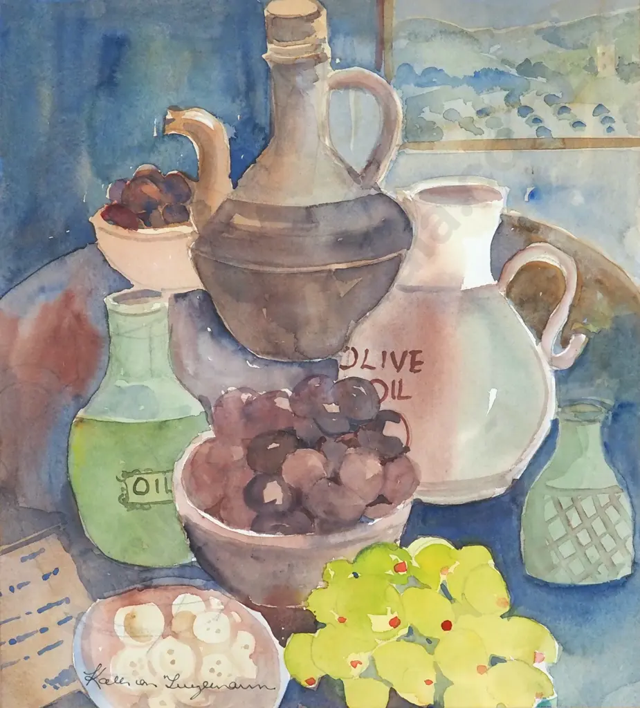 Kath Von Tunzelmann. Still Life - Olives & Olive Oil. Watercolour. Image 1++