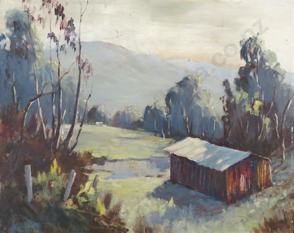 Liam Ferguson. Landscape - Shed/Bush Scene. Oil. Image 1++