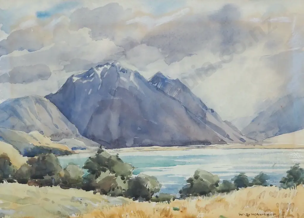 W. S. Wauchop. Landscape w Mountain & Lake, Watercolour. Image 1++