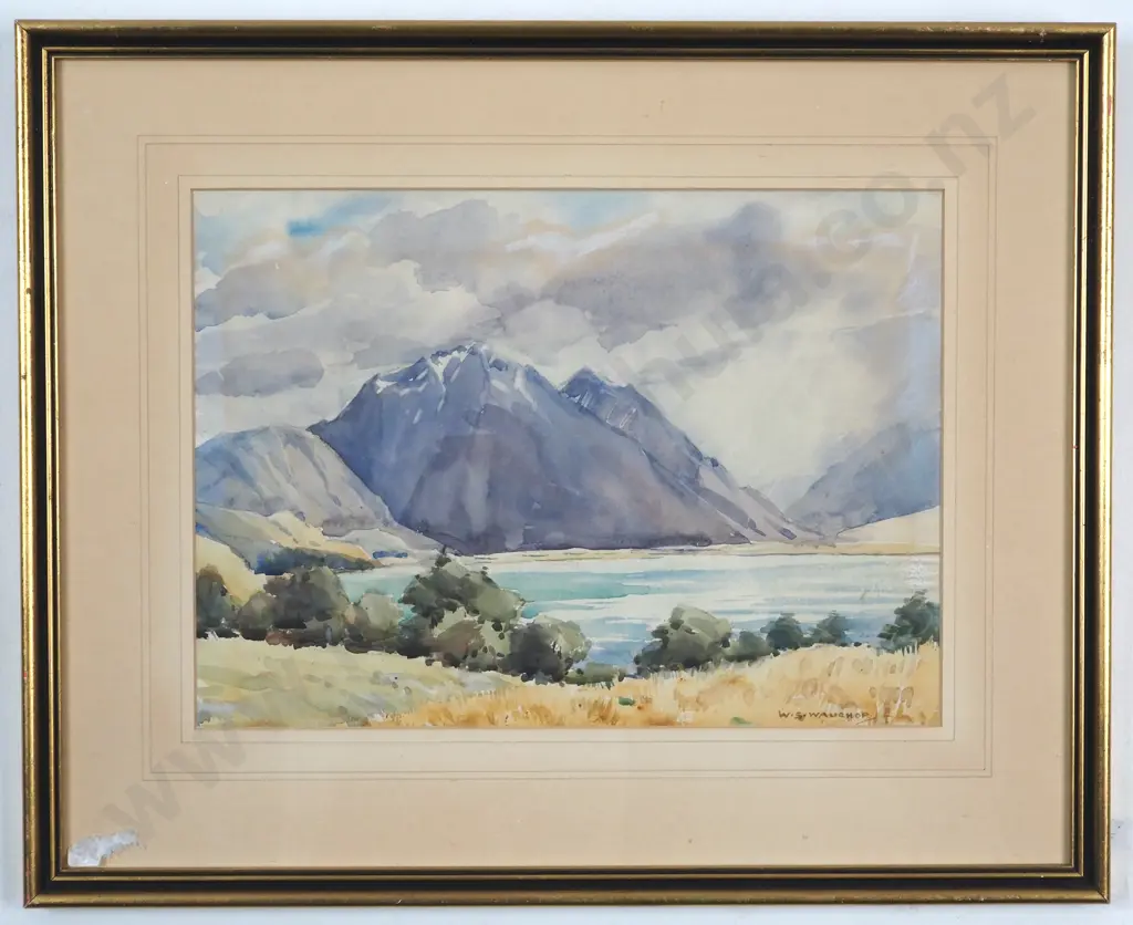 W. S. Wauchop. Landscape w Mountain & Lake, Watercolour. Image 1++
