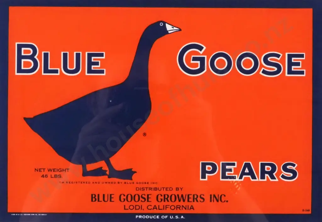 Vintage 1920s -1940s Blue Goose Pears Fruit & Vegetable Crate Label. Authentic Original - Lithograph. Image 1++