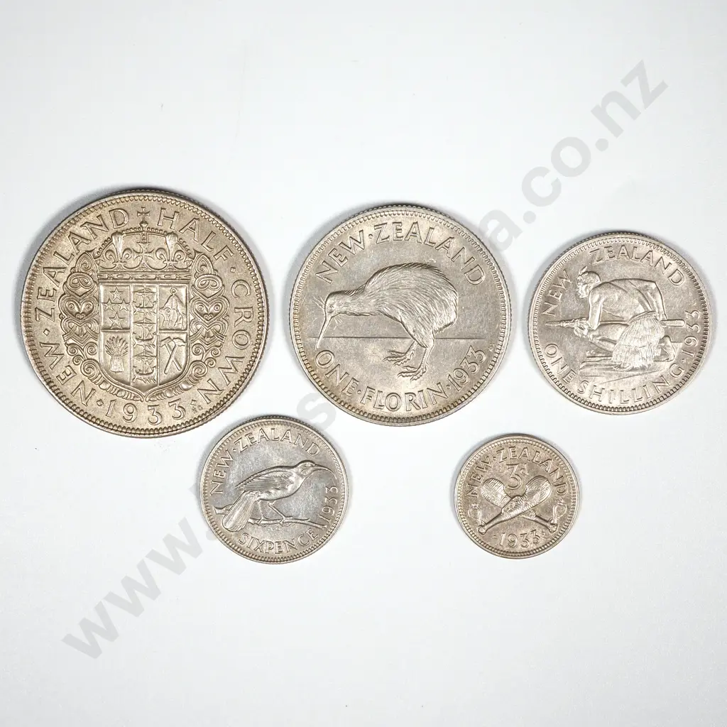 New Zealand 1933 Five Coin Type Set Total CV $380 Image 1++