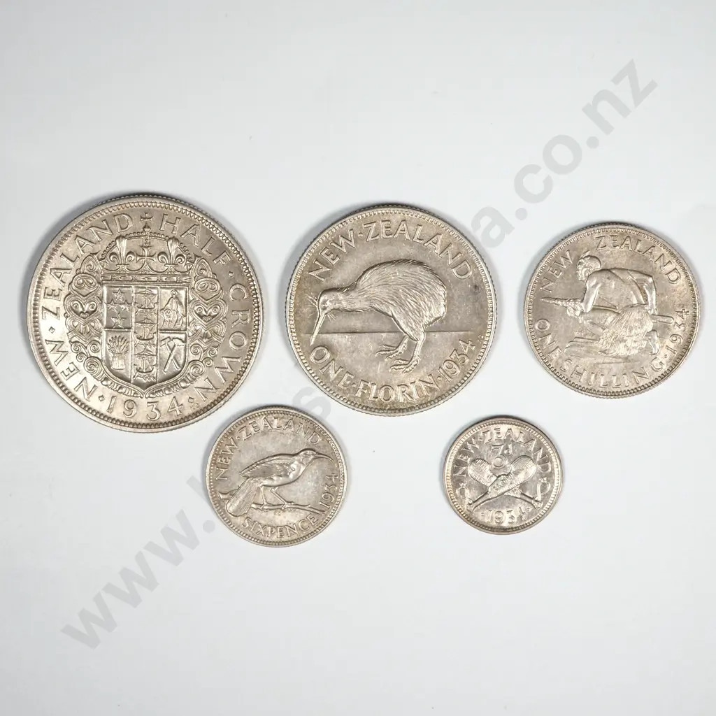 New Zealand 1934 Five Coin Type Set EF Total CV $380 Image 1++