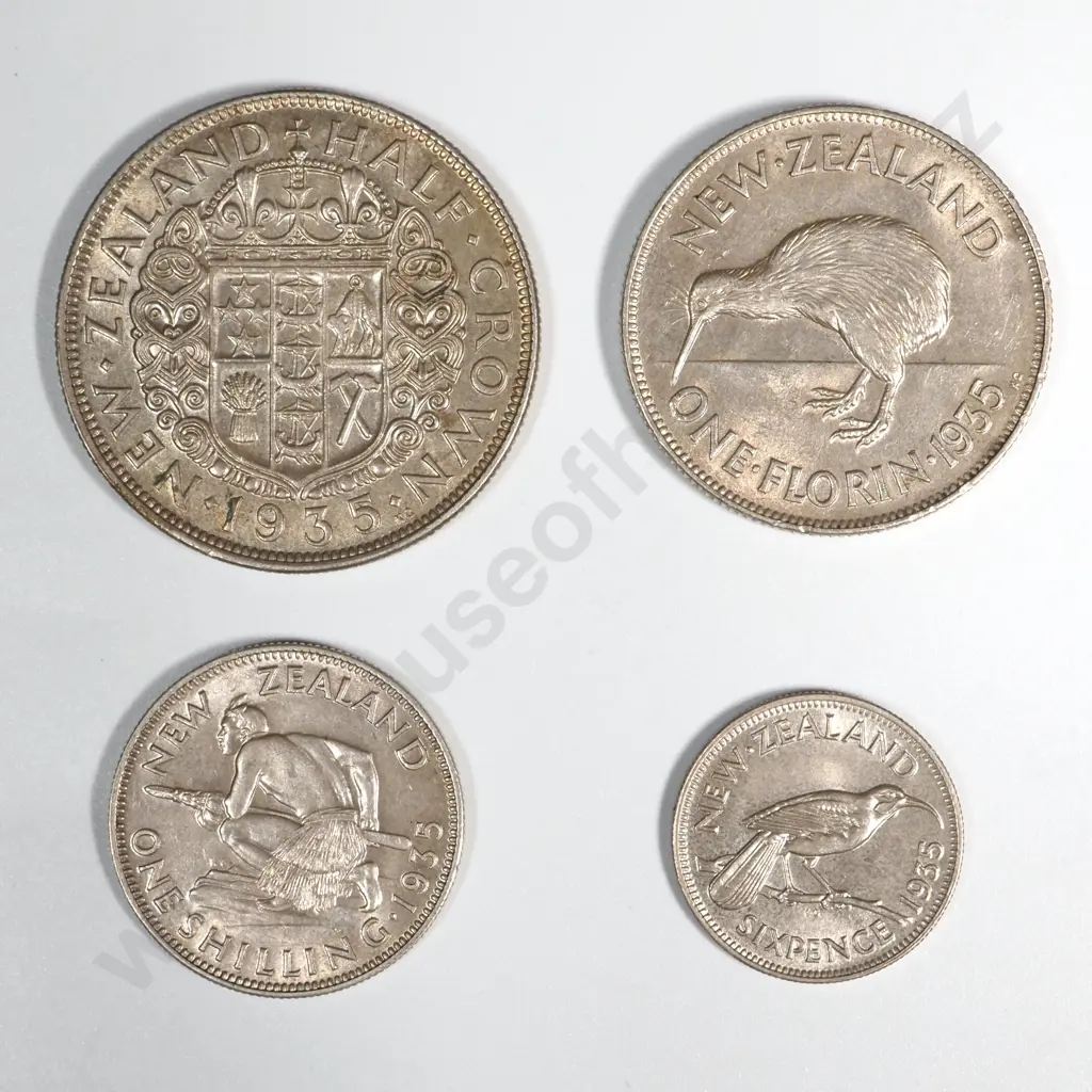 New Zealand 1935 Four Coin Type Set EF Total CV $369 - Sixpence to Halfcrown Image 1++