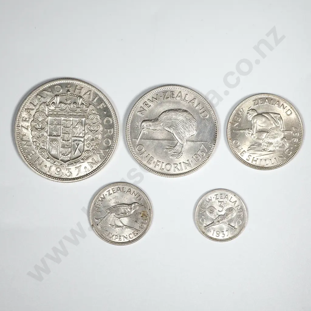 New Zealand 1937 Five Coin Type Set EF Total CV $390 Image 1++