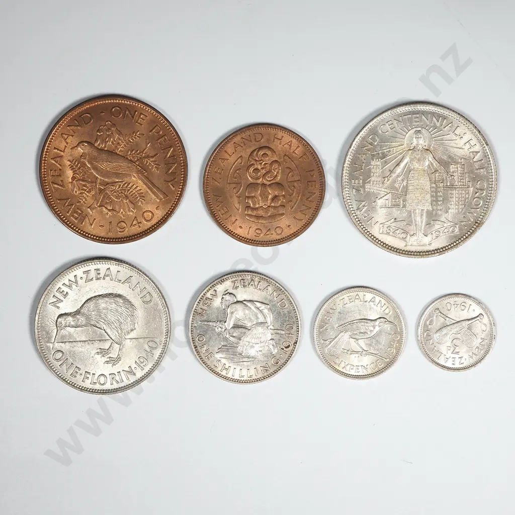 New Zealand 1940 Seven Coin Type Set EF Total CV $585 Image 1++