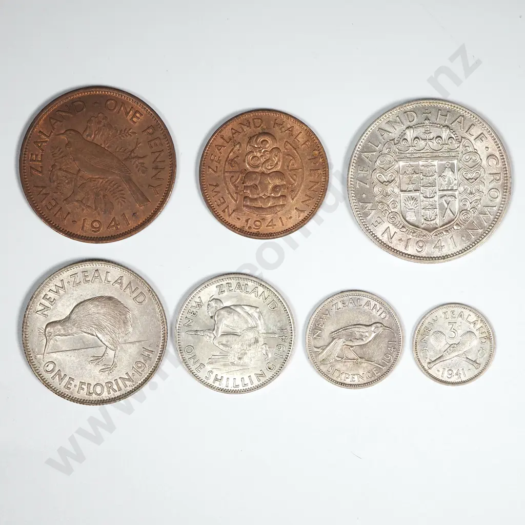 New Zealand 1941 Seven Coin Type Set EF Total CV $850 Image 1++