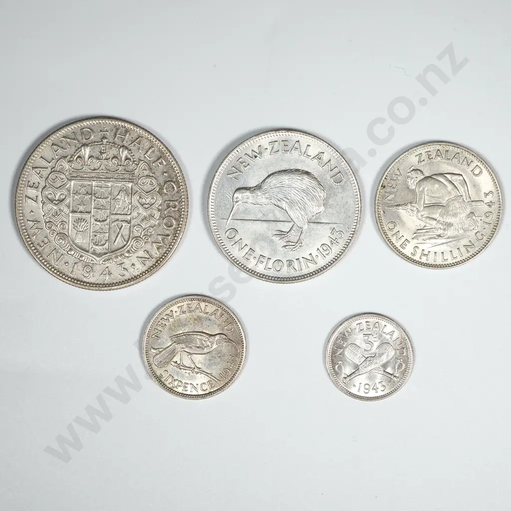 New Zealand 1943 Five Coin Type Set EF Total CV $355 Image 1++