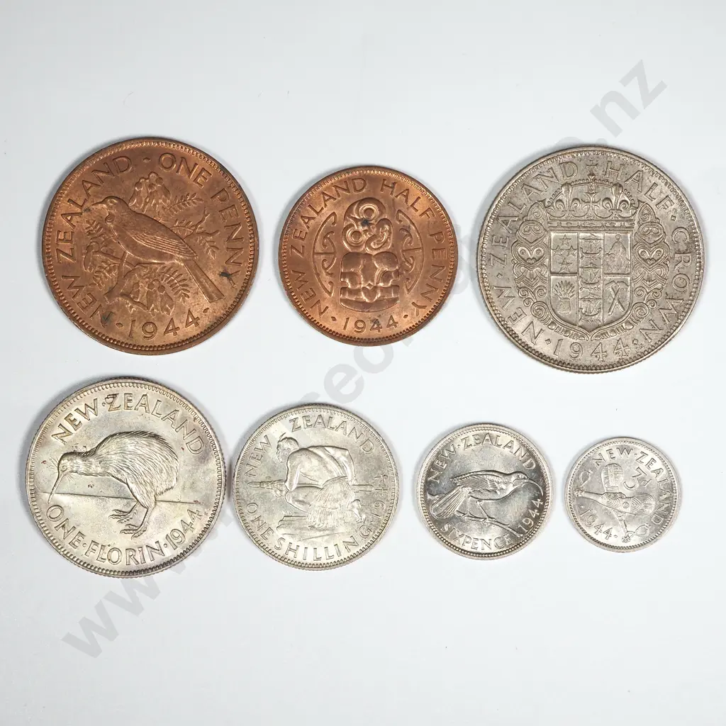 New Zealand 1944 Seven Coin Type Set EF Total CV $725 Image 1++