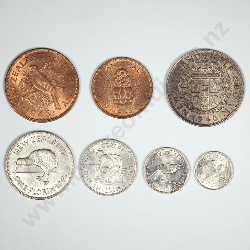 New Zealand 1945 Seven Coin Type Set EF Total CV $350 Image 1++