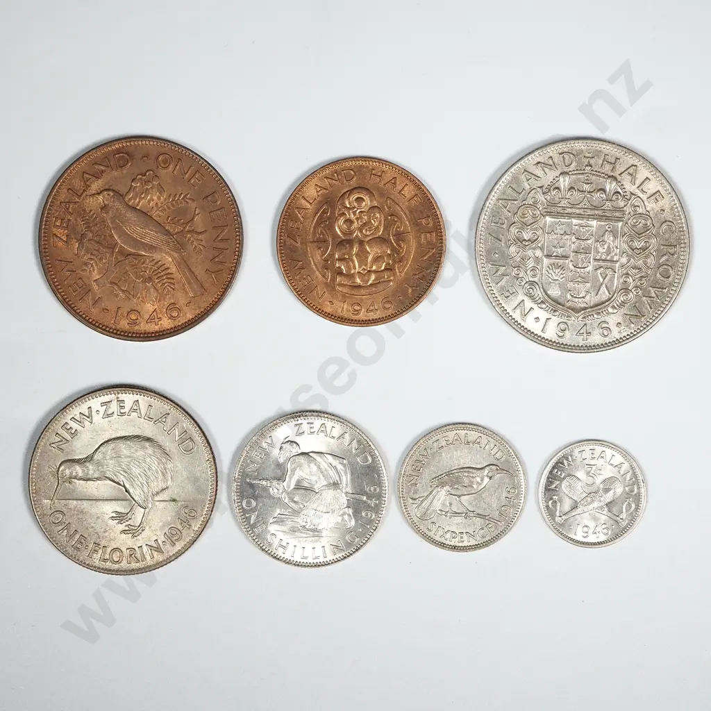 New Zealand 1946 Seven Coin Type Set EF Total CV $320 Image 1++