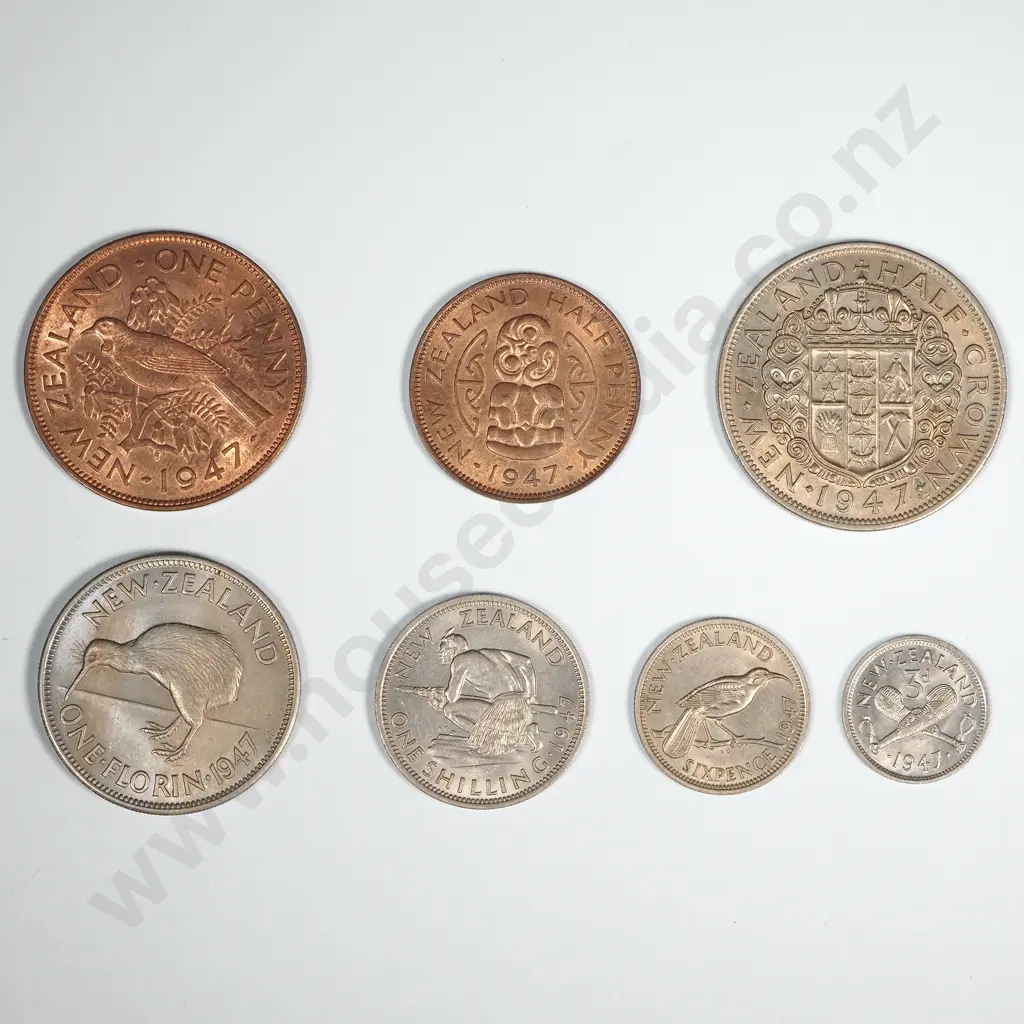 New Zealand 1947 Seven Coin Type Set EF Total CV $332 Image 1++