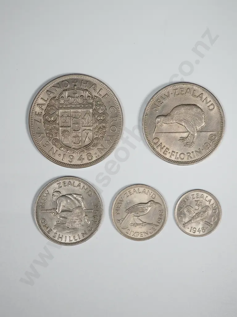New Zealand 1948 Five Coin Type Set EF Total CV $179 Image 1++
