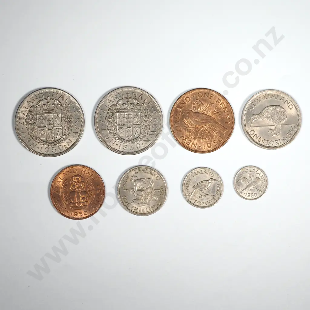New Zealand 1950 Eight Coin Type Set EF- UNC Total CV $520 Image 1++