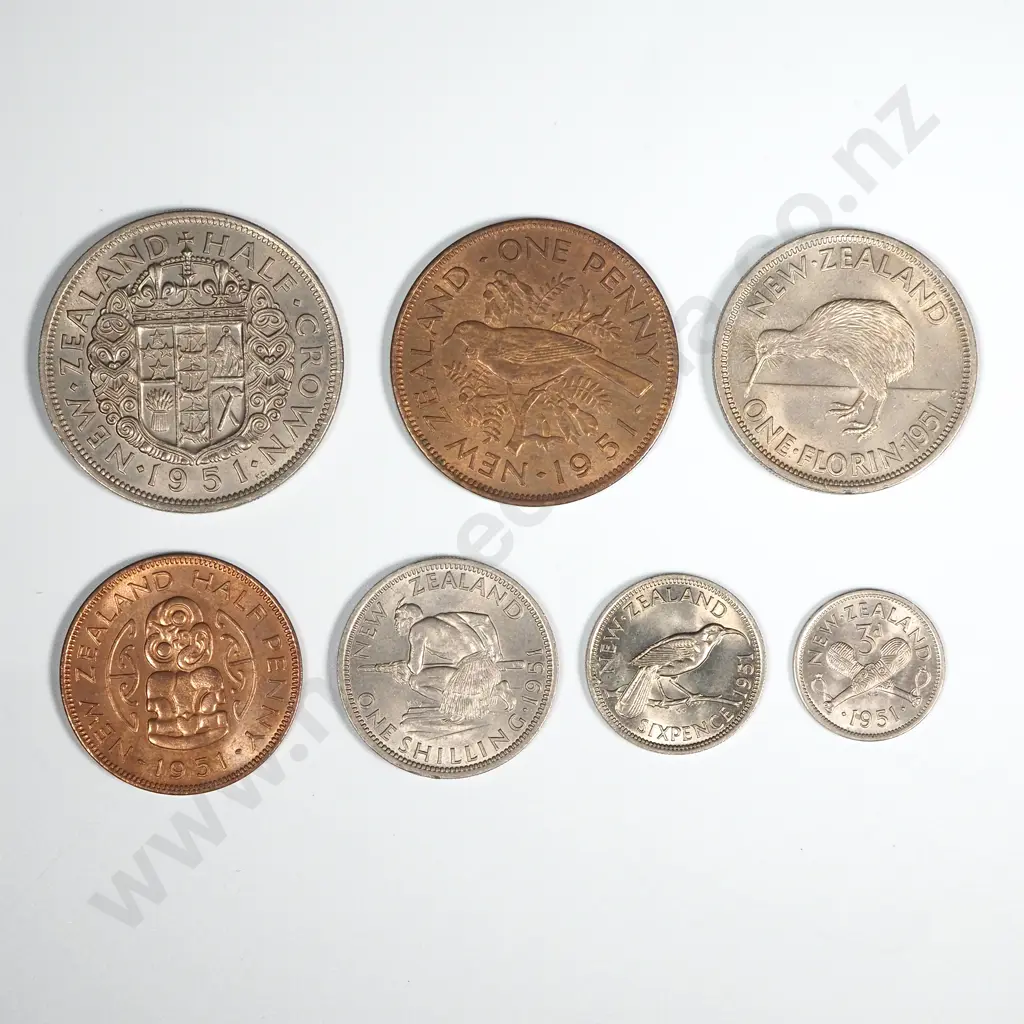 New Zealand 1951 Seven Coin Type Set AUNC-UNC Total CV $317 Image 1++