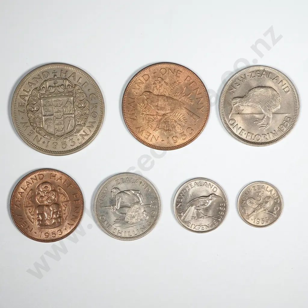 New Zealand 1953 Seven Coin Type Set AUNC-UNC Total CV $260 Image 1++