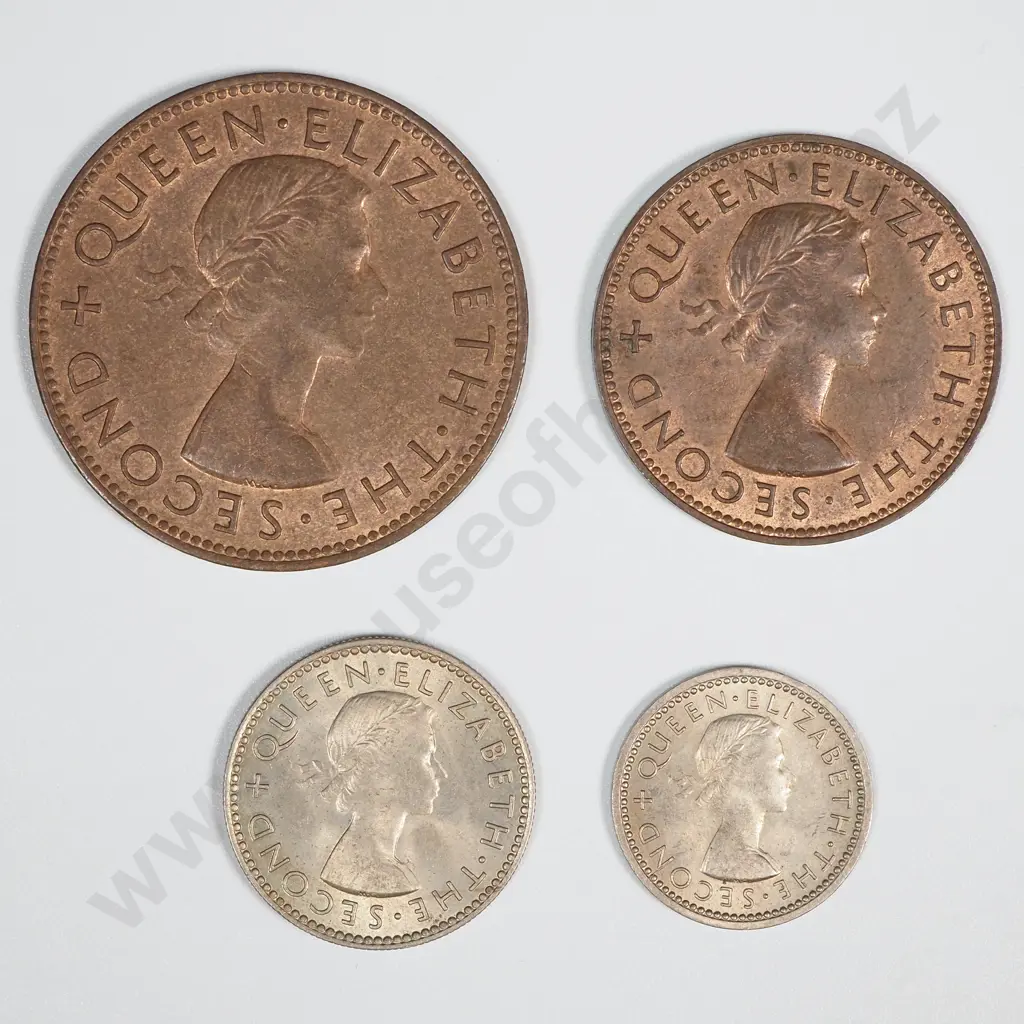 New Zealand 1954 Four Coin Type Set EF Total CV $170 Image 1++