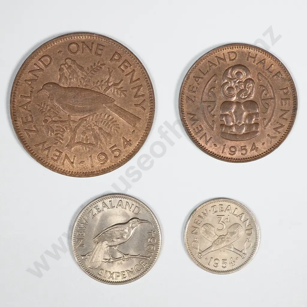 New Zealand 1954 Four Coin Type Set EF Total CV $170 Image 1++