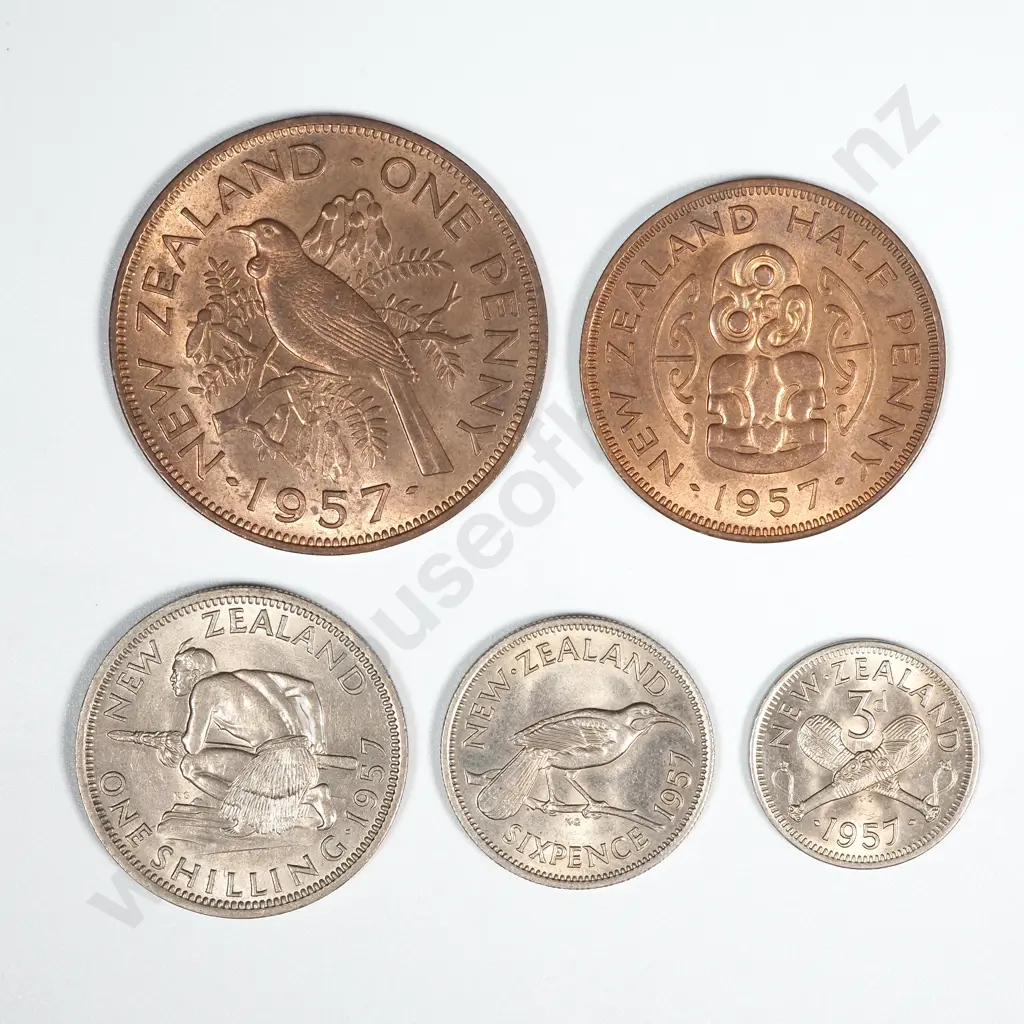 New Zealand 1957 Five Coin Type Set AUNC-UNC Total CV $95 Image 1++