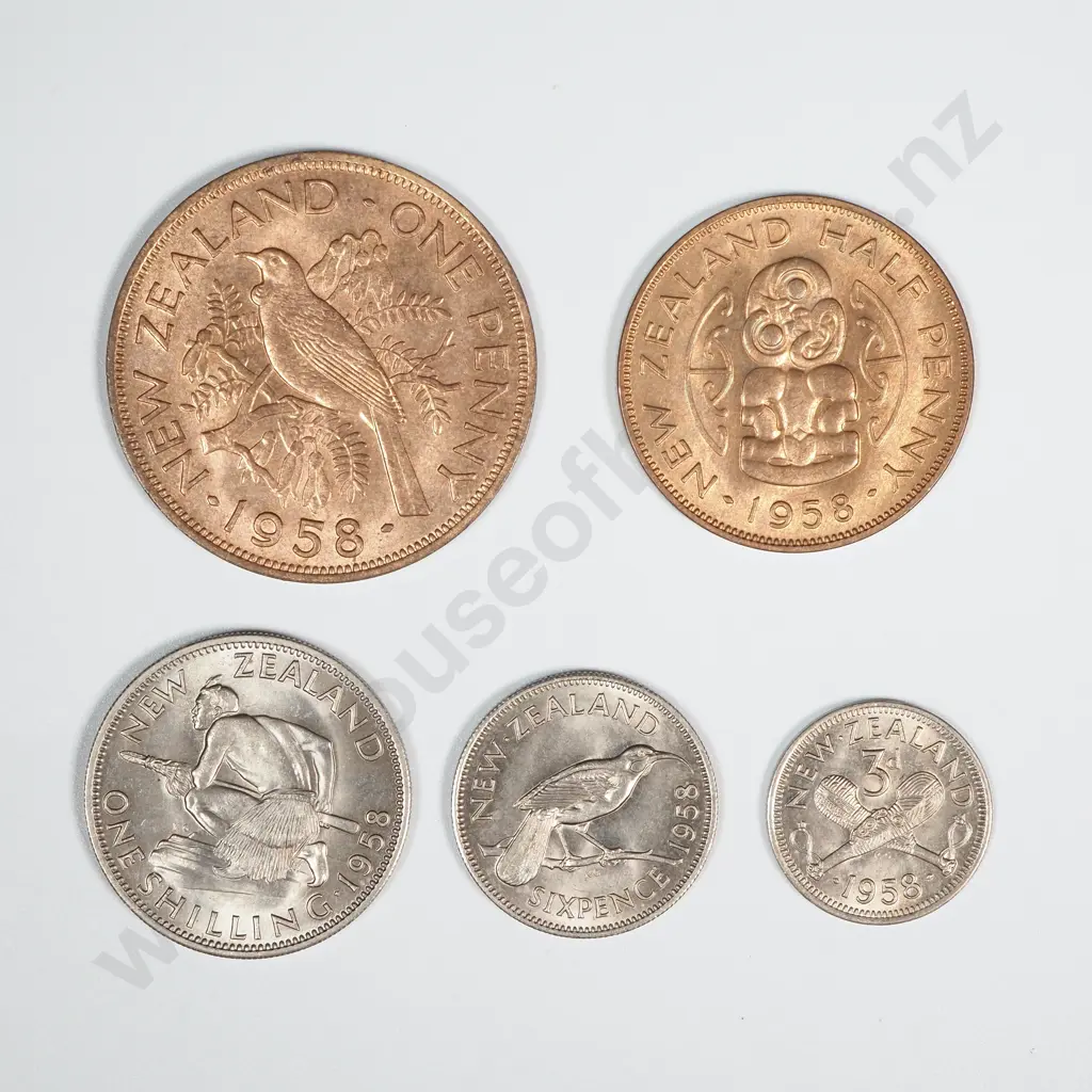 New Zealand 1958 Five Coin Type Set AUNC-UNC Total CV $95 Image 1++
