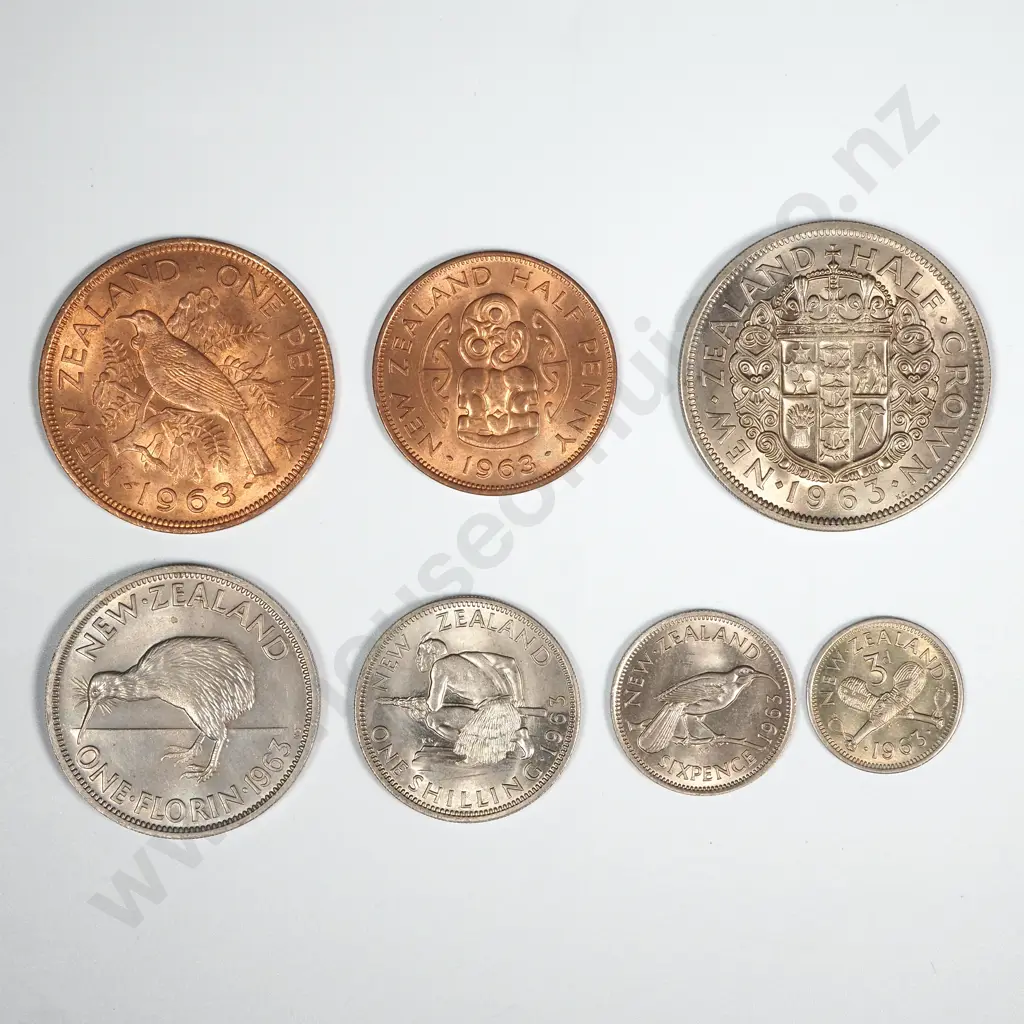 New Zealand 1963 Seven Coin Type Set BUNC Total CV $105 Image 1++