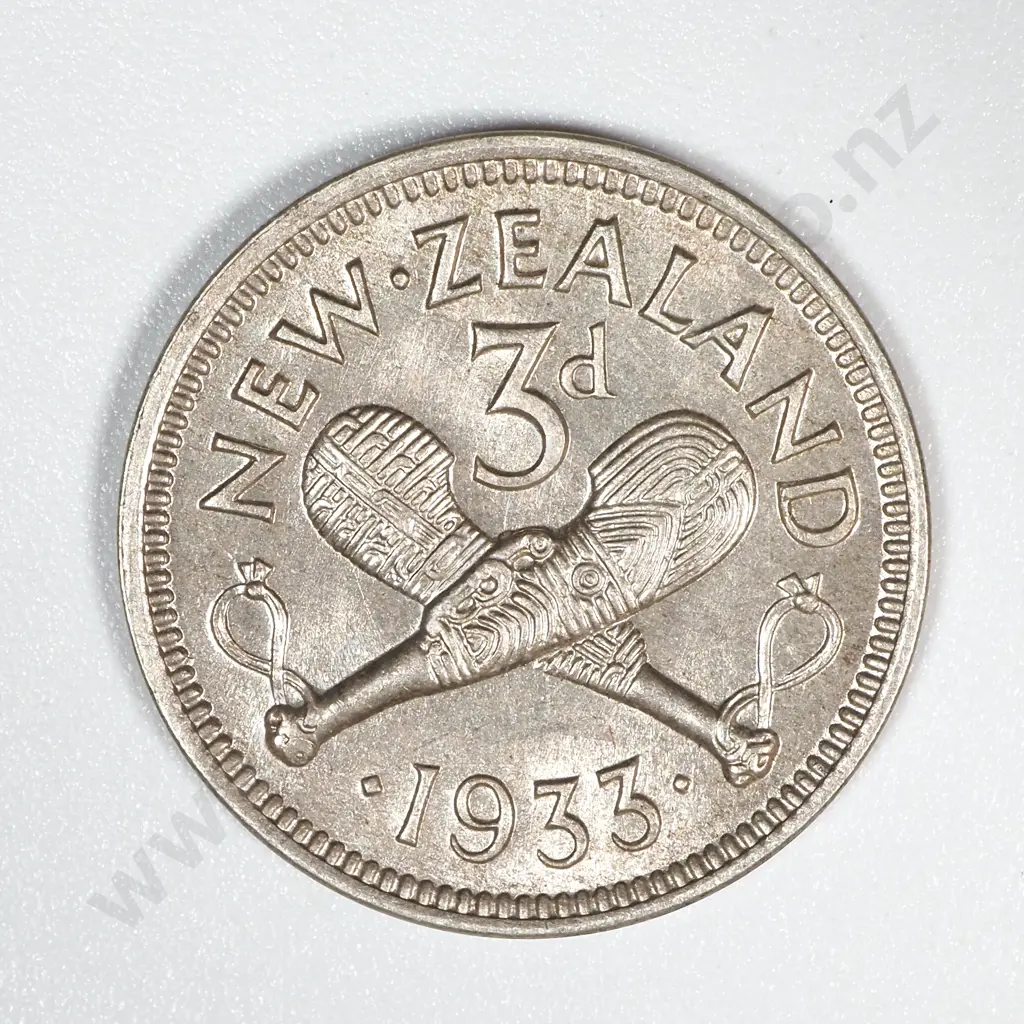 1933 New Zealand Threepence AUNC CV $35 Image 1++