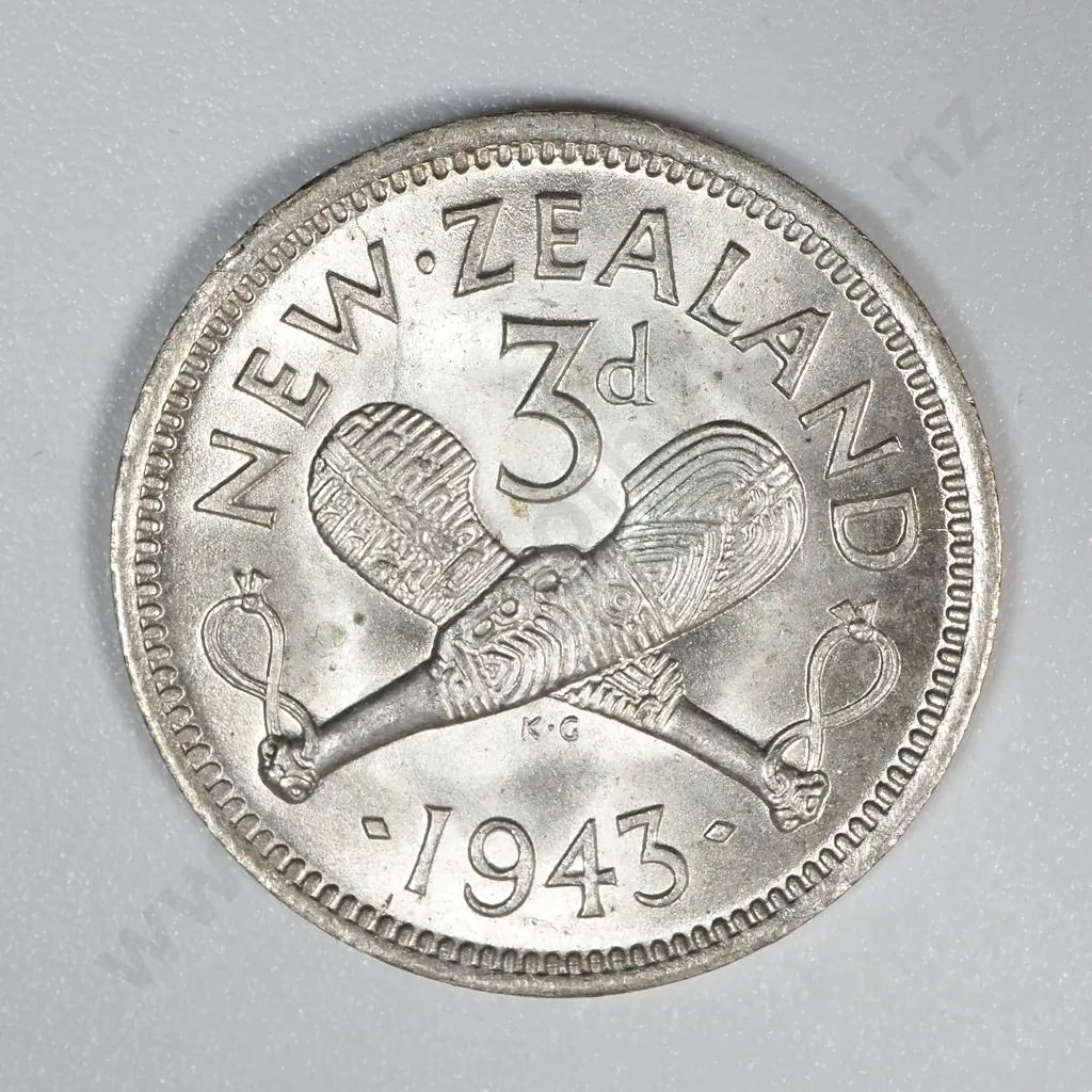 1943 New Zealand Threepence UNC CV $55 Image 1++