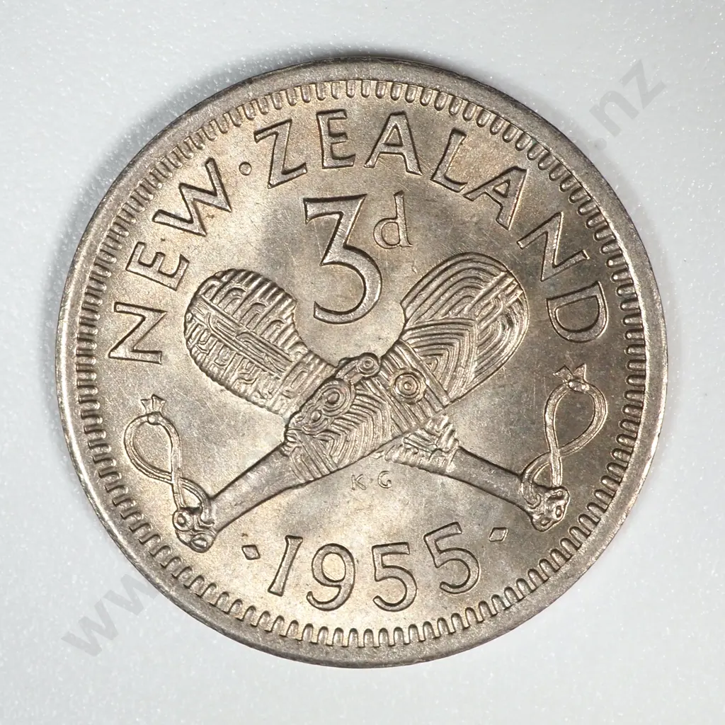 1955 New Zealand Threepence UNC CV $30 Image 1++