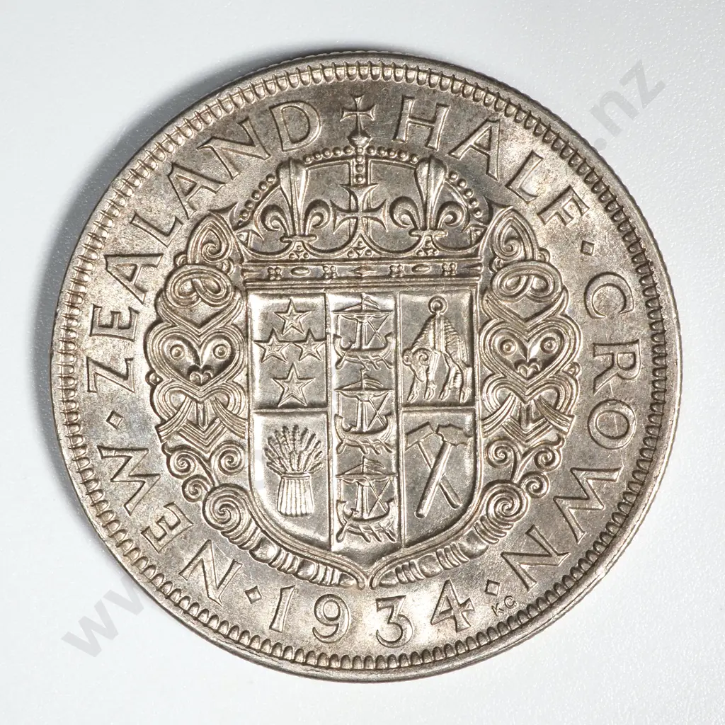 1934 New Zealand Half Crown  AUNC CV $300 Image 1++