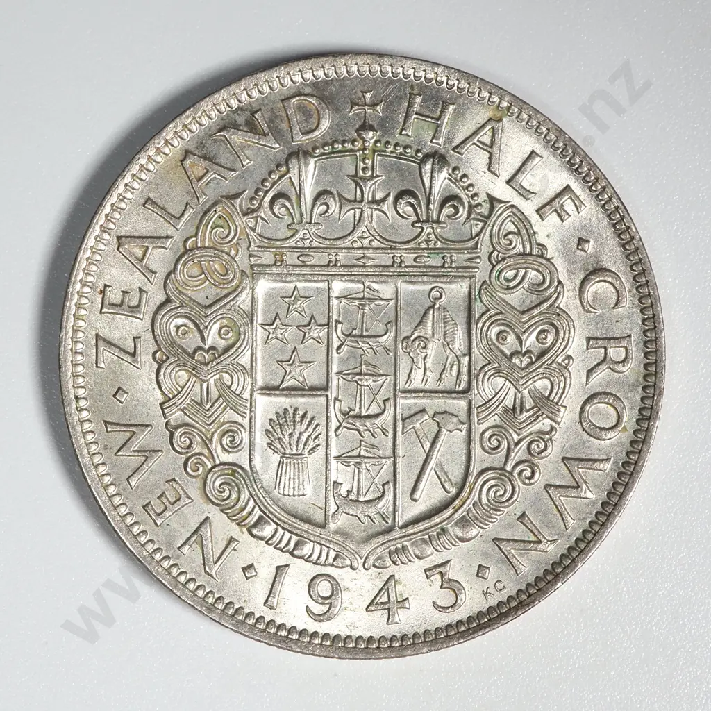 1943 New Zealand Half Crown AUNC CV $175 Image 1++
