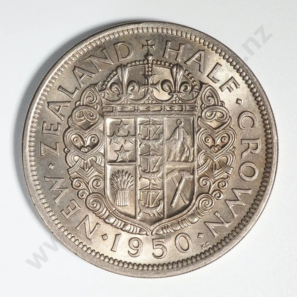 1950 Die II New Zealand Half Crown UNC CV $80 Image 1++