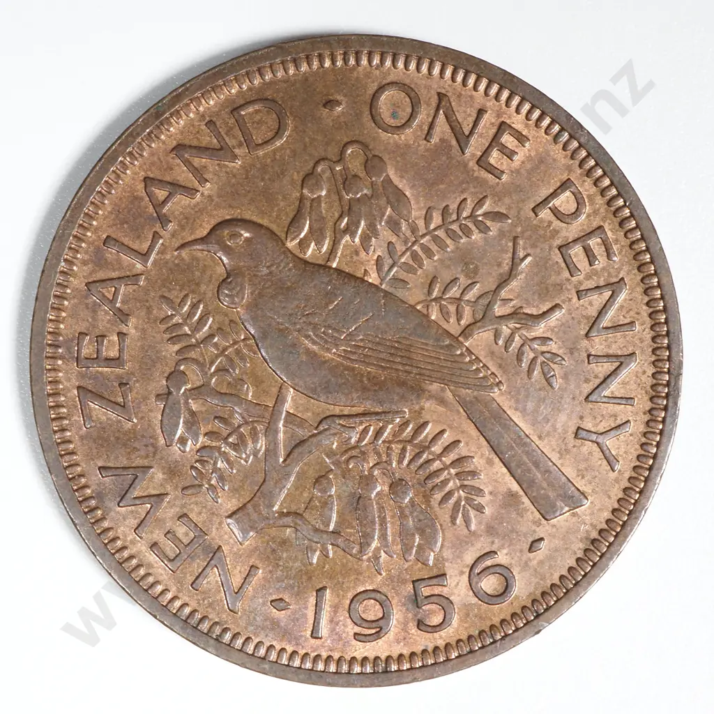 1956 New Zealand No Shoulder Strap Penny EF w Mint Lustre CV $400 Image 1++