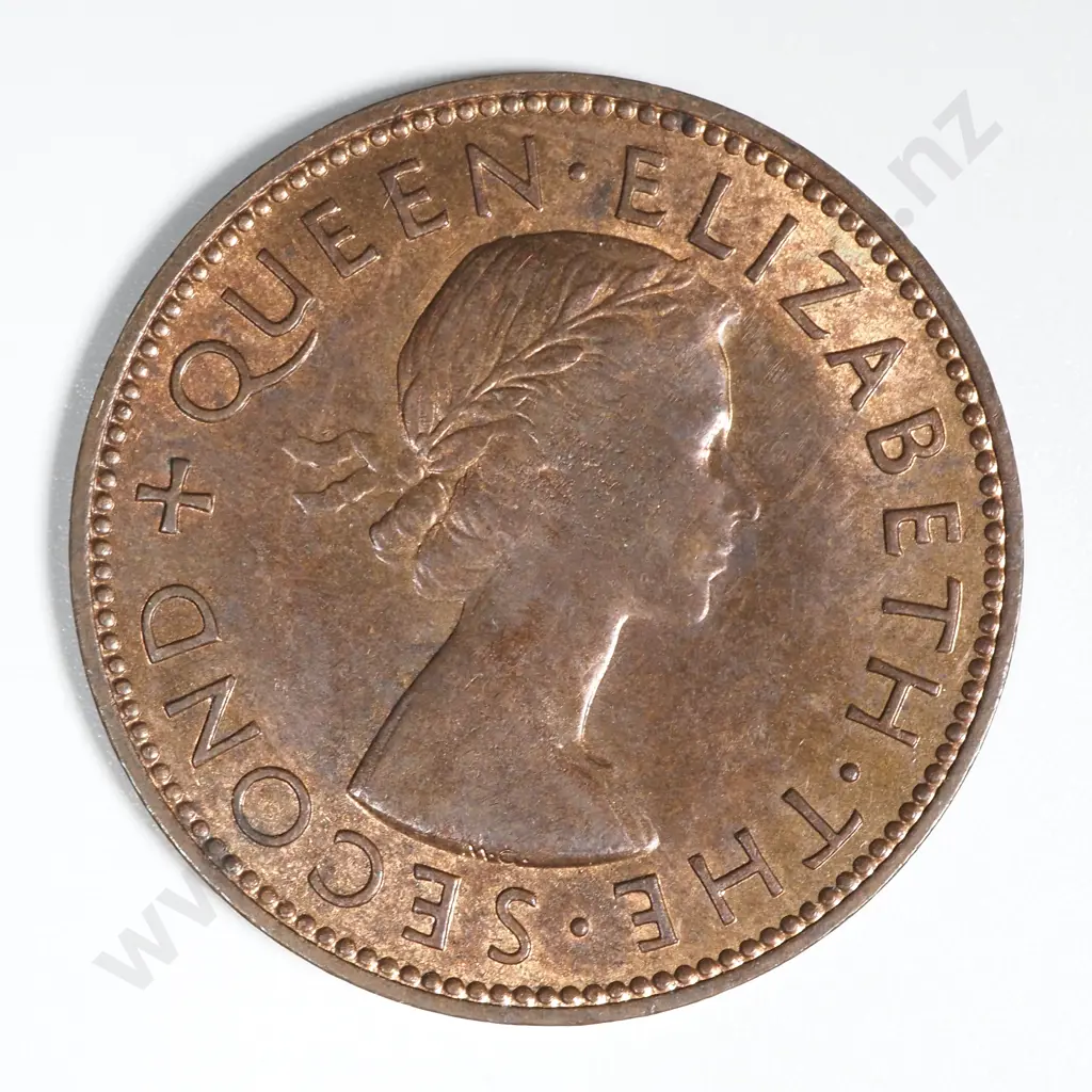 1956 New Zealand No Shoulder Strap Penny EF w Mint Lustre CV $400 Image 1++