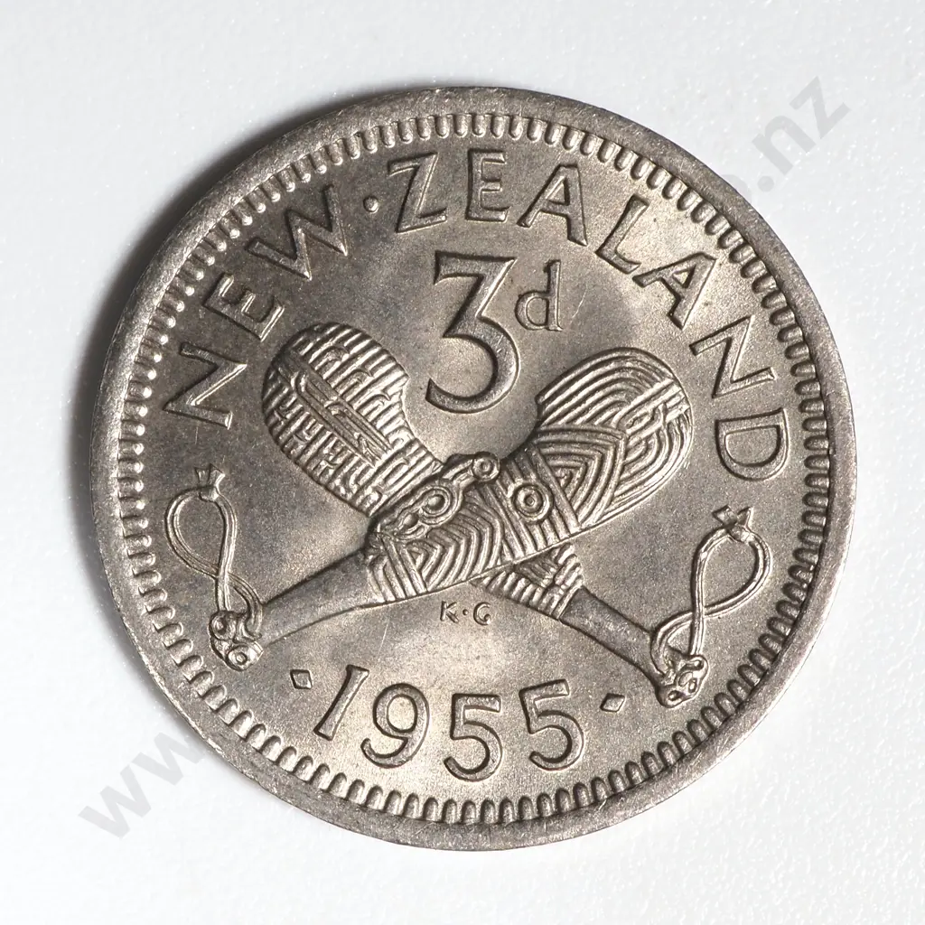 1955 New Zealand 2 Dots Threepence Coin EF CV $75 Image 1++
