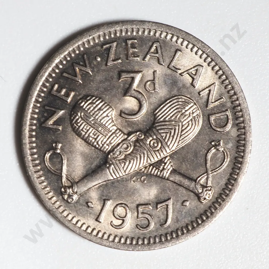1957 New Zealand 86 Dots Threepence Coin UNC CV $80 Image 1++