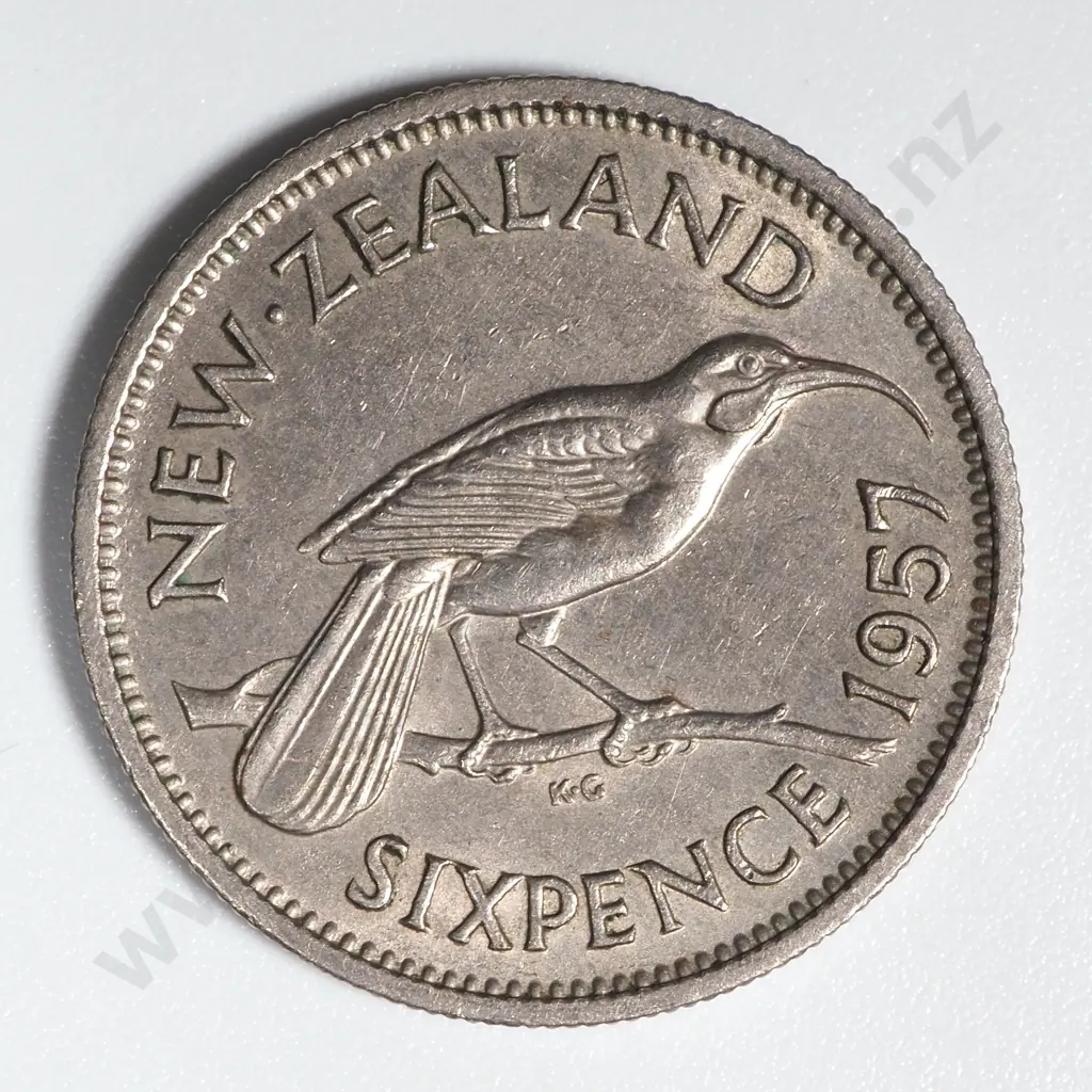 1957 New Zealand No Shoulder Strap Sixpence Coin EF CV $250 Image 1++