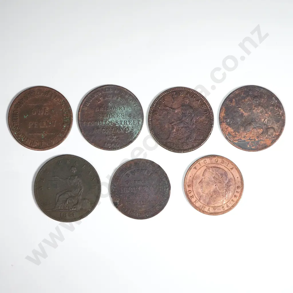 7 Different New Zealand Tradesmen's Tokens 1857-1881 All Worn or Damaged Image 1++