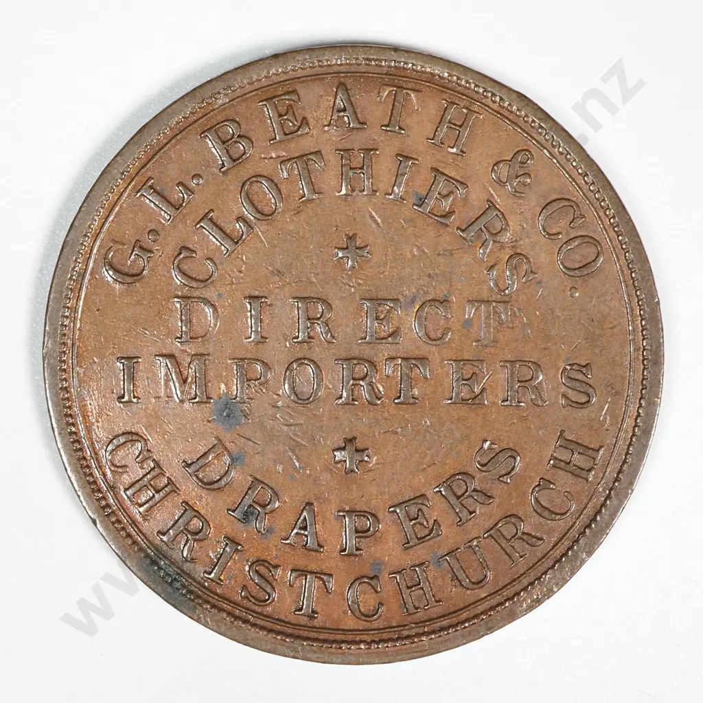 1860's New Zealand One Penny Trade Token G L Beath & Co Christchurch: Lampard 306c Image 1++